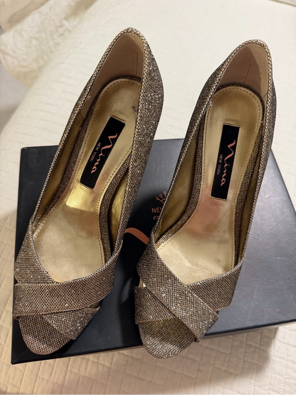 Nina Gold Glitter Peep-Toe Heels
